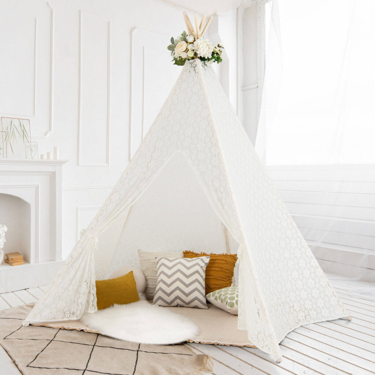 Lace Teepee Tent with Colorful Light Strings for ChildrenCostway Gallery View 8 of 11