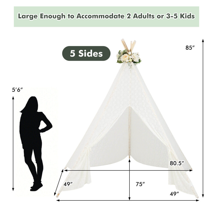 Lace Teepee Tent with Colorful Light Strings for ChildrenCostway Gallery View 4 of 11
