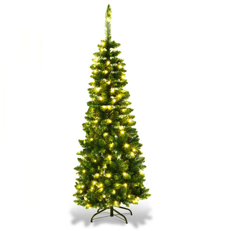4.5 ft Pre-Lit Premium Hinged Artificial Fir Pencil Christmas Tree with LED Lights-GreenCostway Gallery View 3 of 10
