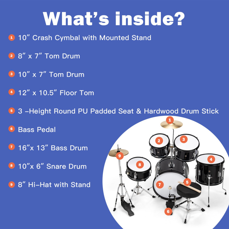 16 Inch 5 Pieces Complete Kids Junior Drum Set Children Beginner Kit-BlackCostway Gallery View 9 of 10