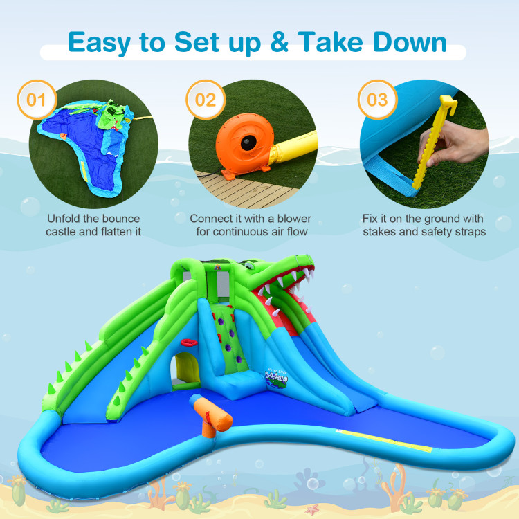 Inflatable Crocodile Style Water Slide Upgraded Kids Bounce Castle with 780W BlowerCostway Gallery View 3 of 12