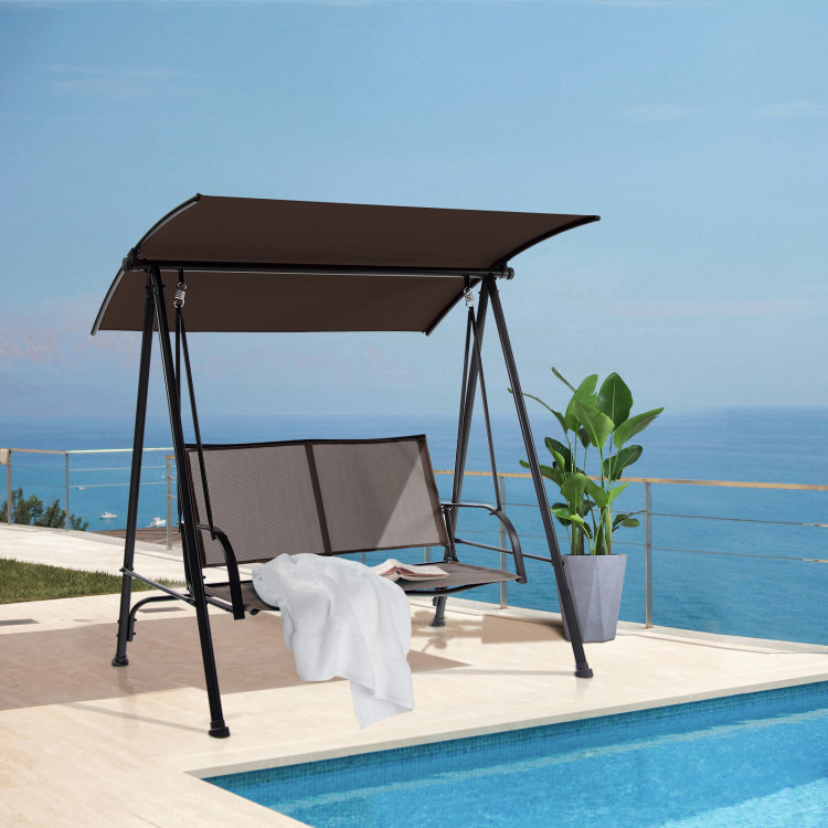 2-Seat Outdoor Canopy Swing with Comfortable Fabric Seat and Heavy-duty Metal Frame-BrownCostway Gallery View 2 of 10