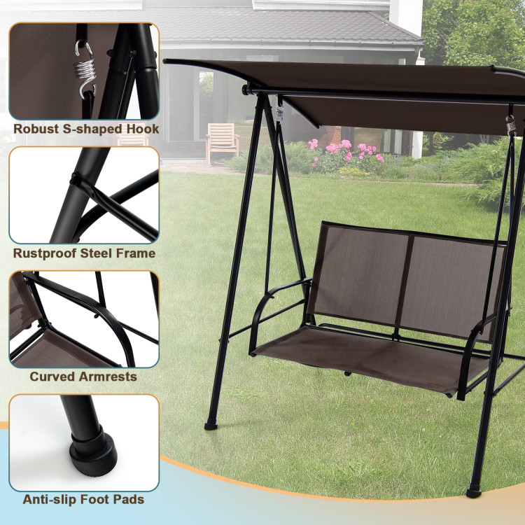 2-Seat Outdoor Canopy Swing with Comfortable Fabric Seat and Heavy-duty Metal Frame-BrownCostway Gallery View 3 of 10
