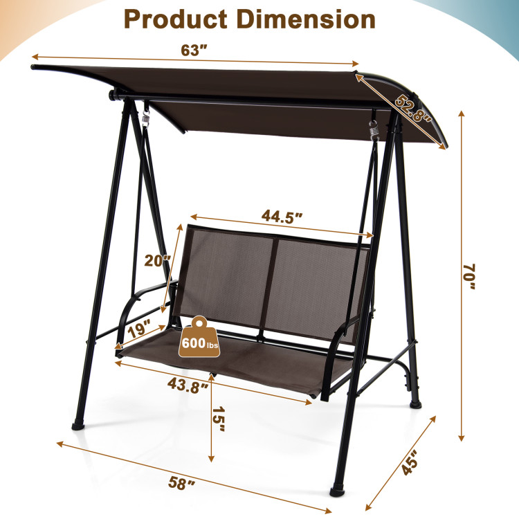 2-Seat Outdoor Canopy Swing with Comfortable Fabric Seat and Heavy-duty Metal Frame-BrownCostway Gallery View 4 of 10