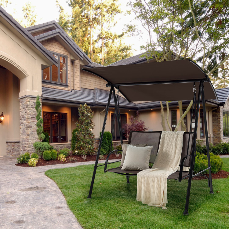 2-Seat Outdoor Canopy Swing with Comfortable Fabric Seat and Heavy-duty Metal Frame-BrownCostway Gallery View 7 of 10