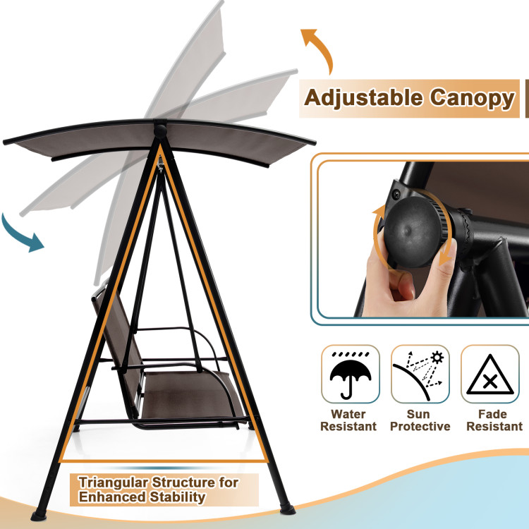 2-Seat Outdoor Canopy Swing with Comfortable Fabric Seat and Heavy-duty Metal Frame-BrownCostway Gallery View 9 of 10