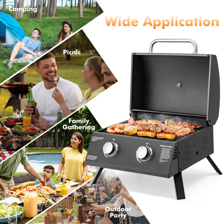  COSTWAY Portable Gas Grill, 20,000 BTU Tabletop Barbecue Grill  with 2 Burners, Dual Temperature Control, Folding Legs, Built-in  Thermometer, Propane Gas Grill for RV Backyard BBQ Camping Patio, Black :  Patio