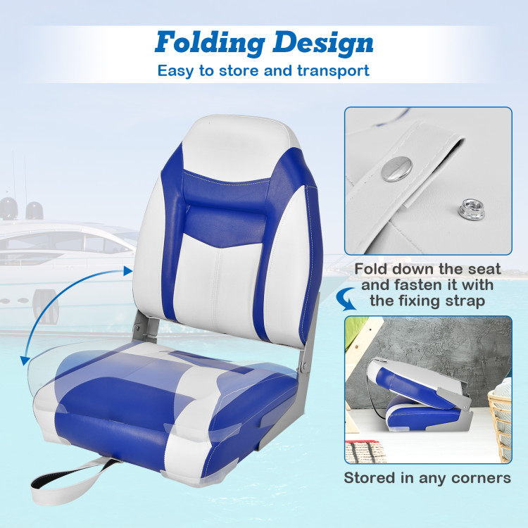 Costway High Back Folding Boat Seats w/ Blue White Sponge Cushion &  Flexible Hinges