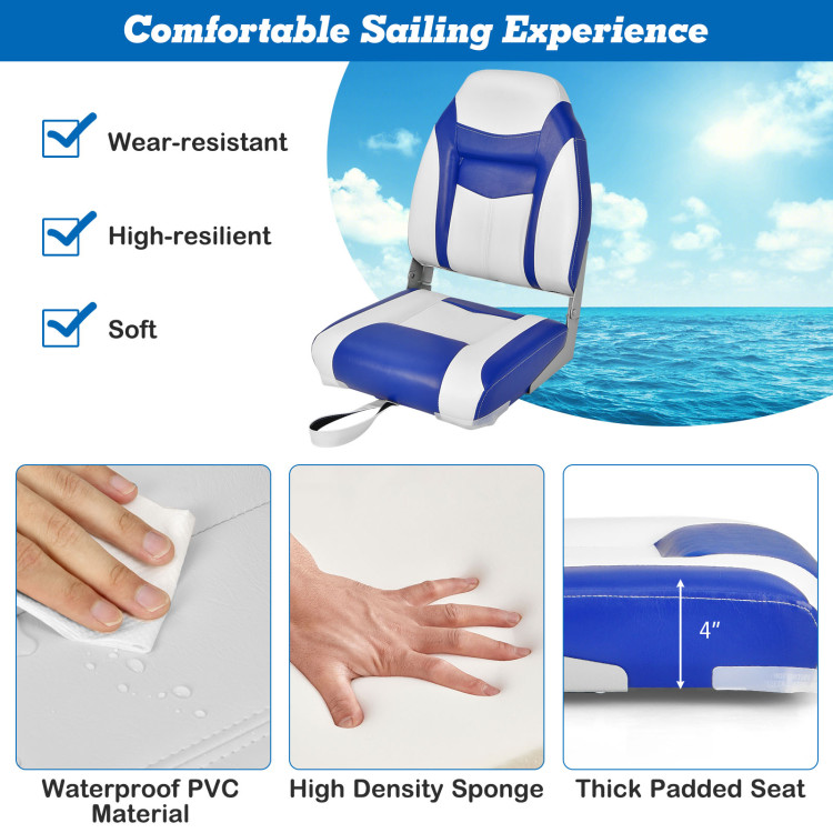 High Back Folding Boat SEATS with Blue White Sponge Cushion and Flexible Hinges-Blue