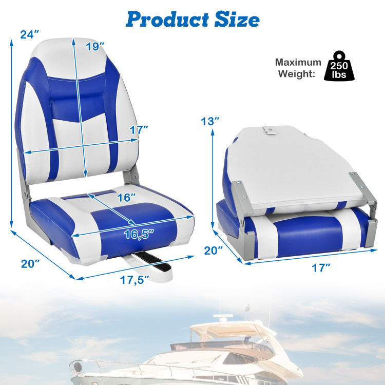 High Back Folding Boat SEATS with Blue White Sponge Cushion and Flexible Hinges