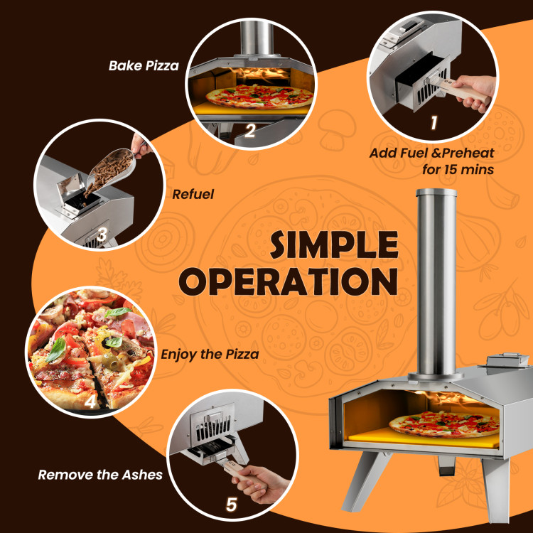 Pizza Oven Outdoor Wood Pellet Fired Pizza Oven with 12 Pizza Stone & Foldable Legs, Portable Stainless Steel Pizza Maker for Backyard Camping Picnic