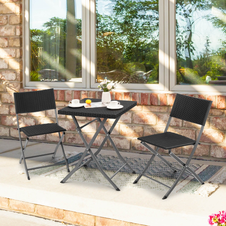 3 Pieces Patio Bistro Set with Folding Wicker Chairs and Table-BlackCostway Gallery View 6 of 10