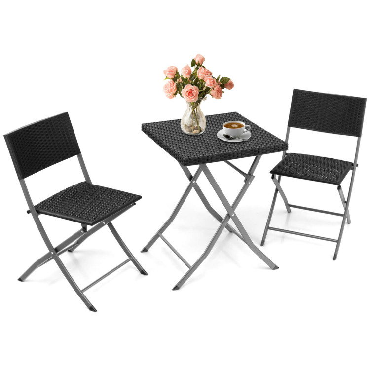 3 Pieces Patio Bistro Set with Folding Wicker Chairs and Table-BlackCostway Gallery View 8 of 10