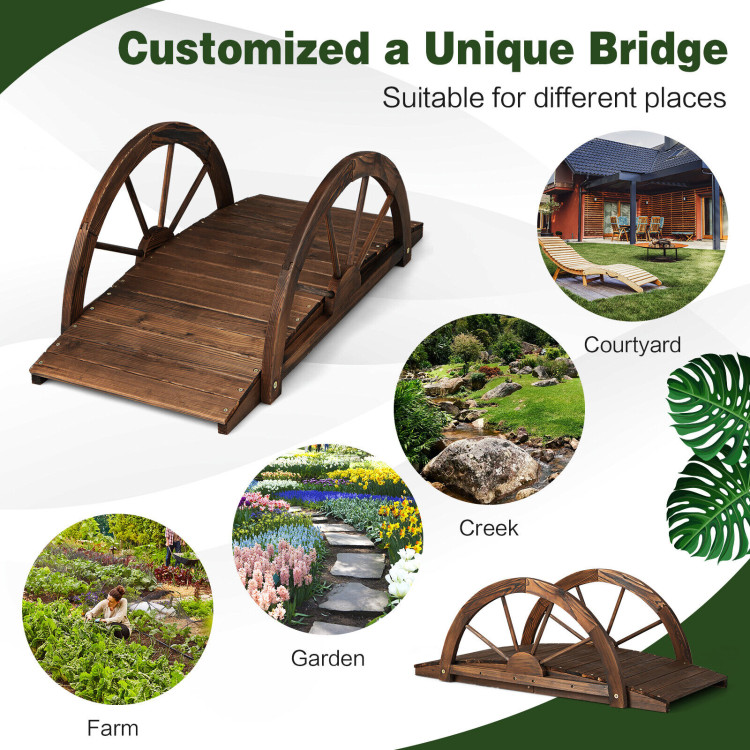 3.3 Feet Wooden Garden Bridge with Half-Wheel Safety Rails-Rustic BrownCostway Gallery View 5 of 9