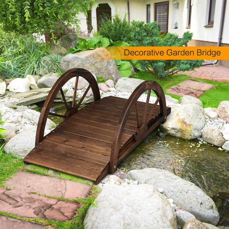 3.3 Feet Wooden Garden Bridge with Half-Wheel Safety Rails-Rustic BrownCostway Gallery View 6 of 9