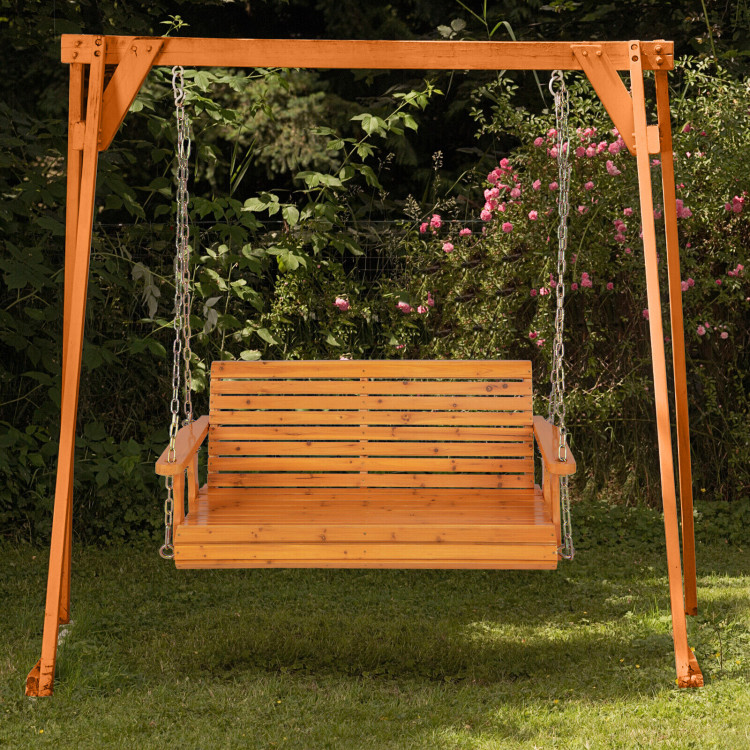 2-Person Wooden Porch Swing with Hanging Chains for Garden Yard-NaturalCostway Gallery View 6 of 9
