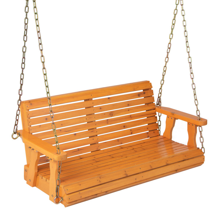 2-Person Wooden Porch Swing with Hanging Chains for Garden Yard-NaturalCostway Gallery View 8 of 9