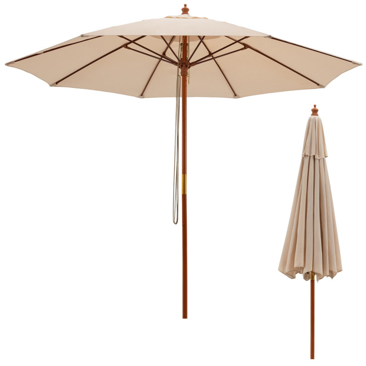 9.5 Feet Pulley Lift Round Patio Umbrella with Fiberglass Ribs-BeigeCostway Gallery View 8 of 11