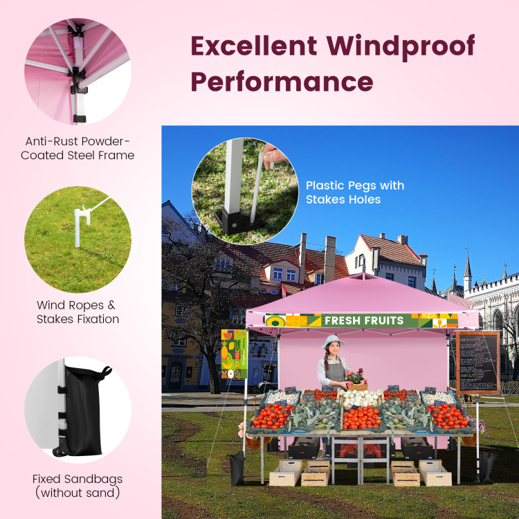 10 x 10 Feet Foldable Commercial Pop-up Canopy with Roller Bag and Banner Strip-PinkCostway Gallery View 11 of 13