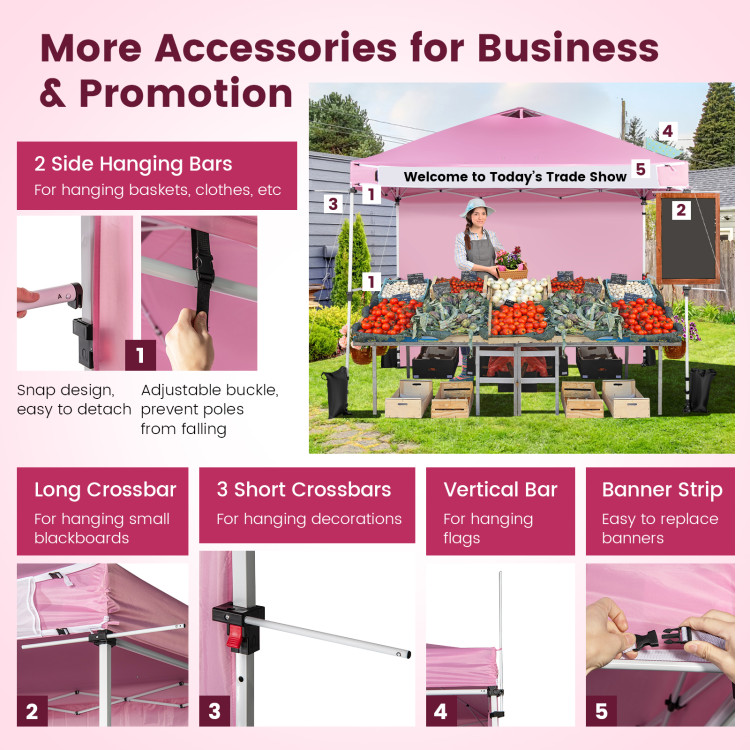 10 x 10 Feet Foldable Commercial Pop-up Canopy with Roller Bag and Banner Strip-PinkCostway Gallery View 13 of 13