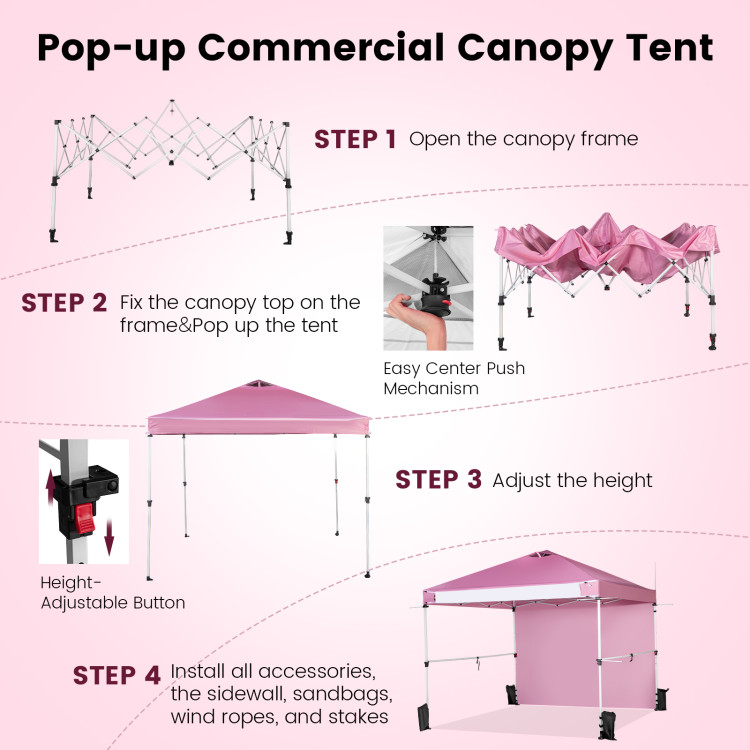 10 x 10 Feet Foldable Commercial Pop-up Canopy with Roller Bag and Banner Strip-PinkCostway Gallery View 5 of 13