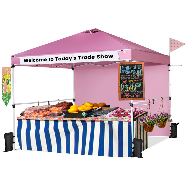 10 x 10 Feet Foldable Commercial Pop-up Canopy with Roller Bag and Banner Strip-PinkCostway Gallery View 9 of 13