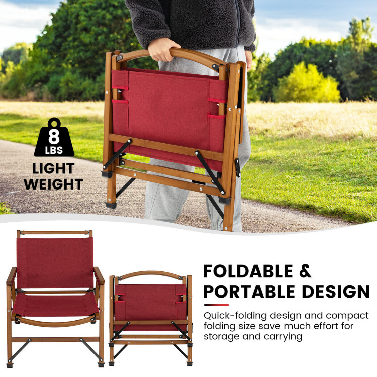Patio Folding Camping Beach Chair with Solid Bamboo Frame-RedCostway Gallery View 3 of 9