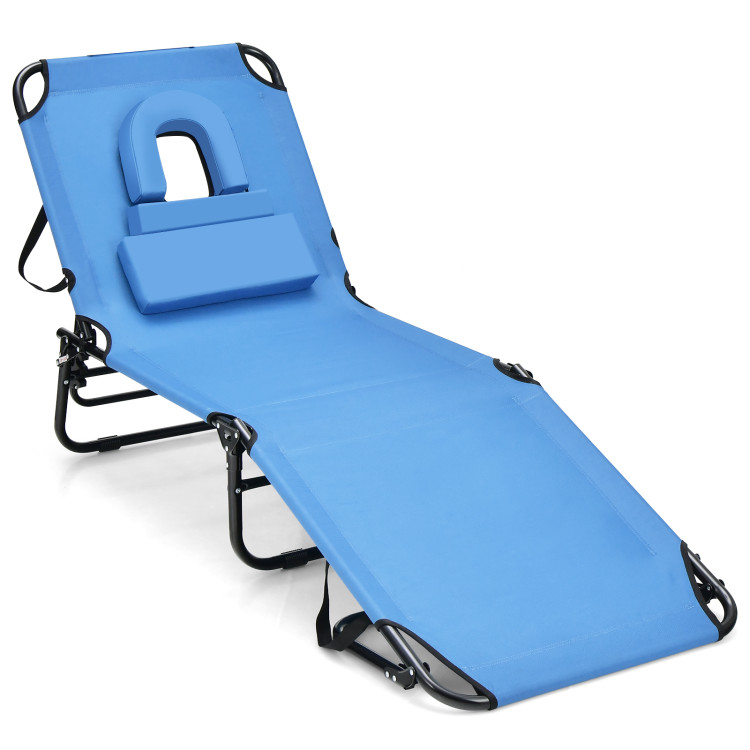 Beach Chaise Lounge Chair with Face Hole and Removable Pillow-BlueCostway Gallery View 3 of 10