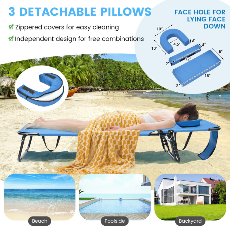 Beach Chaise Lounge Chair with Face Hole and Removable Pillow-BlueCostway Gallery View 8 of 10