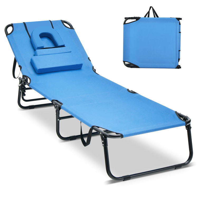 Beach Chaise Lounge Chair with Face Hole and Removable Pillow-BlueCostway Gallery View 4 of 10