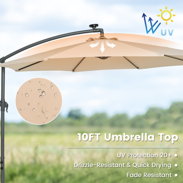 10 Feet Cantilever Umbrella with 32 LED Lights and Solar Panel Batteries-Tan | Costway