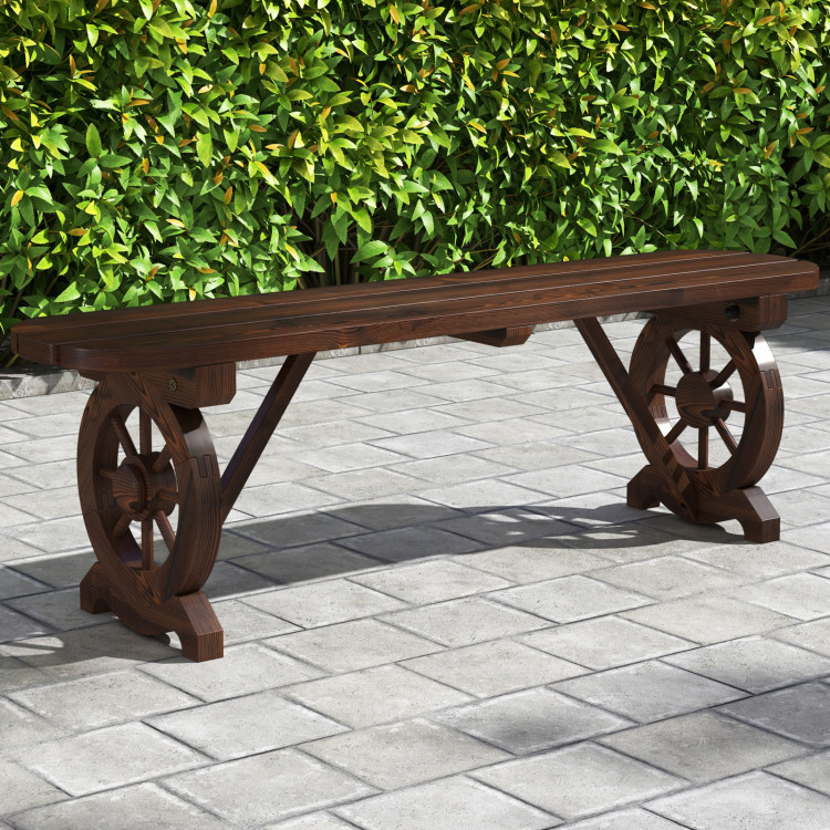 Patio Rustic Wood Bench with Wagon Wheel Base - Gallery View 1 of 9