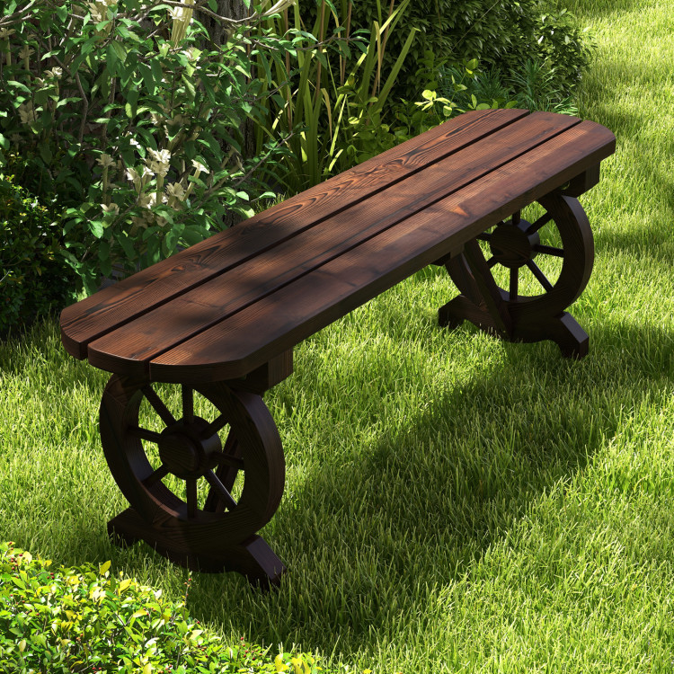 Patio Rustic Wood Bench with Wagon Wheel Base - Gallery View 2 of 9