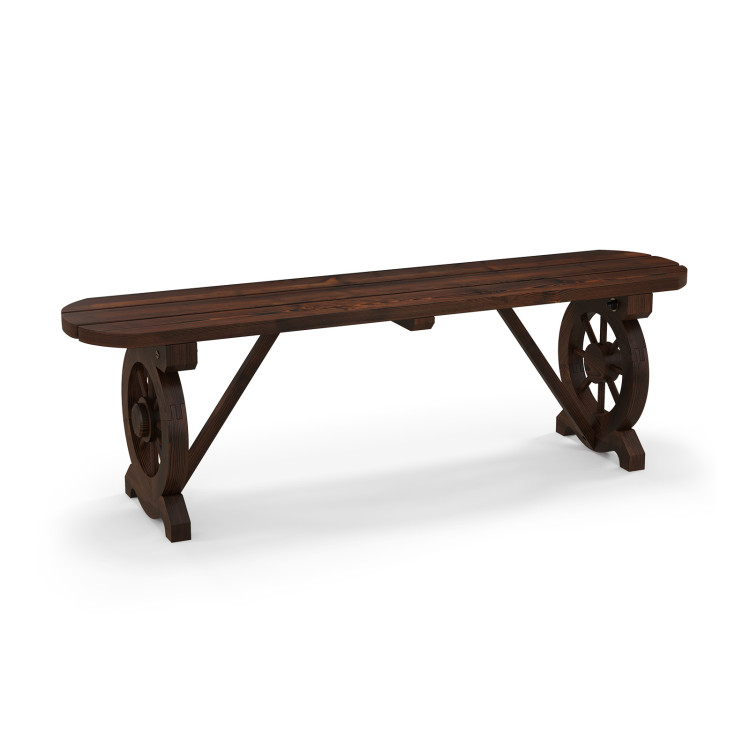 Patio Rustic Wood Bench with Wagon Wheel Base - Gallery View 3 of 9