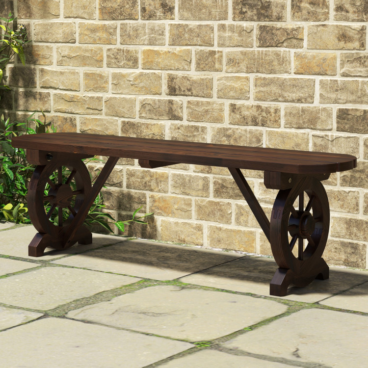 Patio Rustic Wood Bench with Wagon Wheel Base - Gallery View 5 of 9