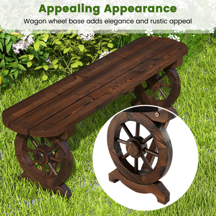 Patio Rustic Wood Bench with Wagon Wheel Base - Gallery View 7 of 9