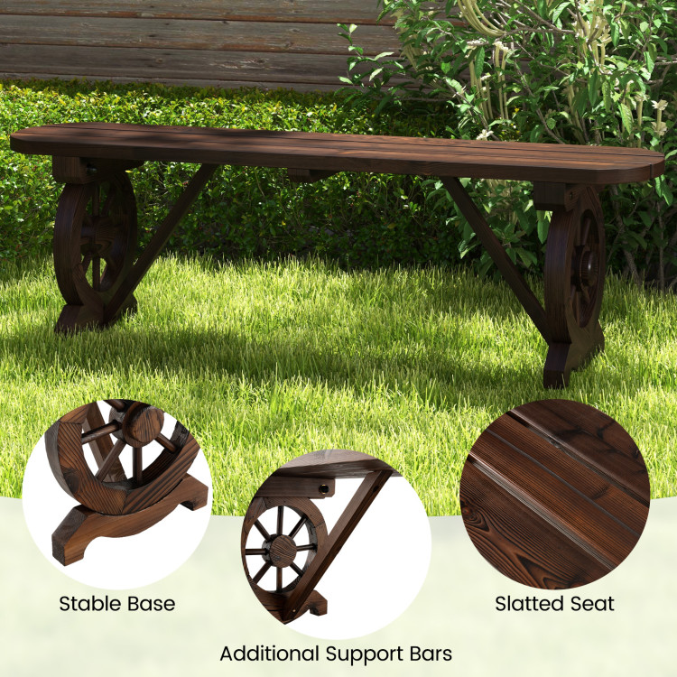 Patio Rustic Wood Bench with Wagon Wheel Base - Gallery View 9 of 9