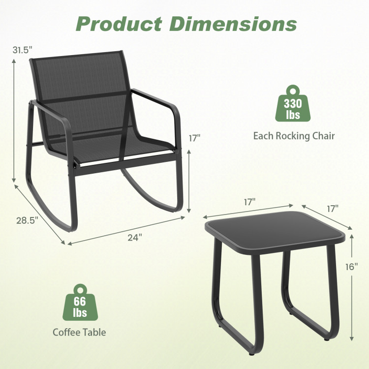 2 Rocking Bistro Chairs and Glass-Top Table for Porch Yard Balcony - Gallery View 5 of 10