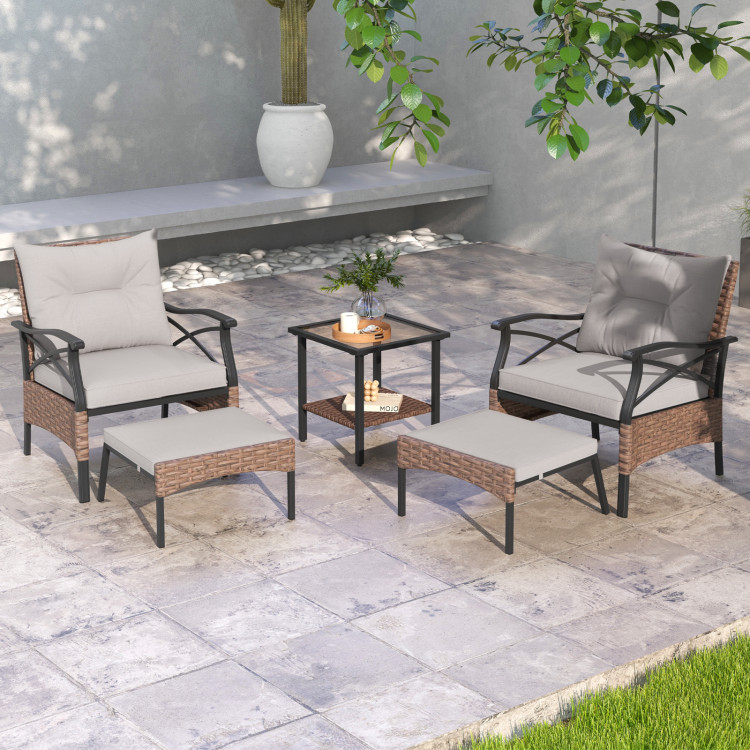 5 Pieces Wicker Patio Furniture Set Ottomans and Cushions and 2-Tier Tempered Glass Side Table - Gallery View 3 of 10