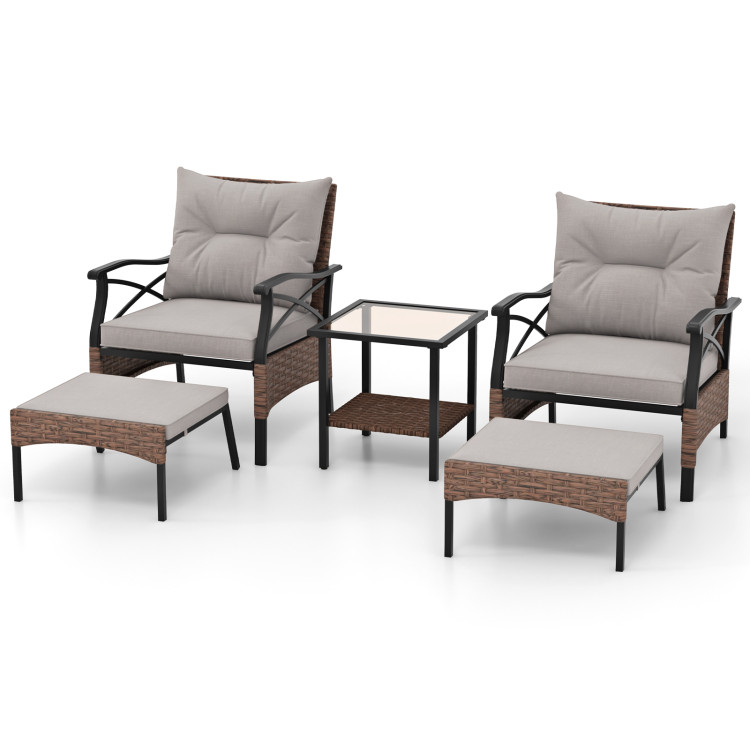 5 Pieces Wicker Patio Furniture Set Ottomans and Cushions and 2-Tier Tempered Glass Side Table - Gallery View 1 of 10