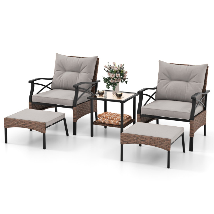 5 Pieces Wicker Patio Furniture Set Ottomans and Cushions and 2-Tier Tempered Glass Side Table - Gallery View 4 of 10
