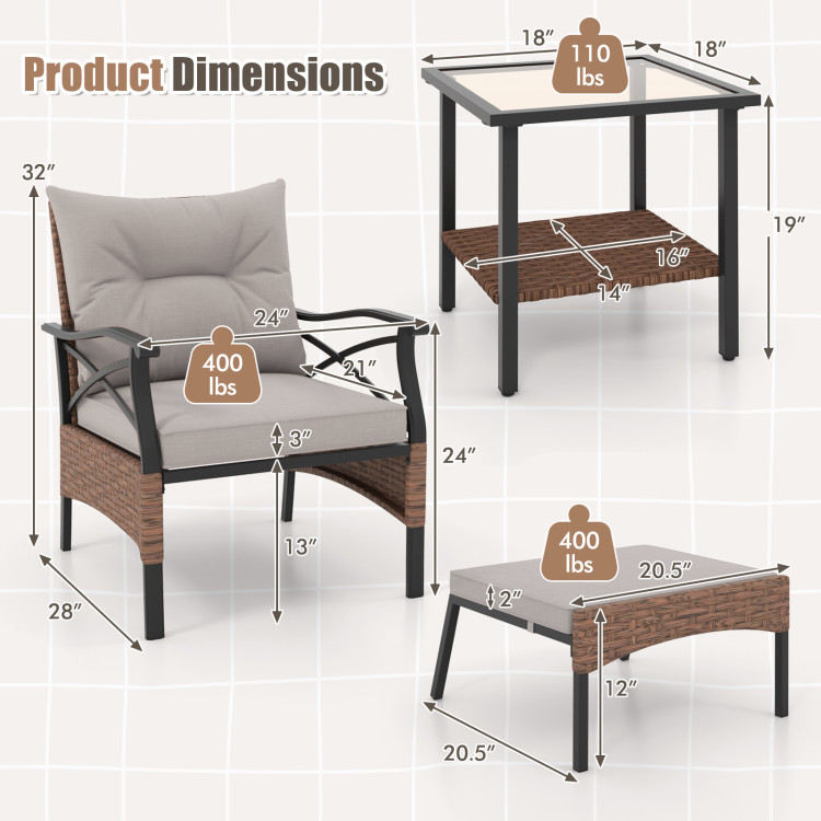 5 Pieces Wicker Patio Furniture Set Ottomans and Cushions and 2-Tier Tempered Glass Side Table - Gallery View 5 of 10