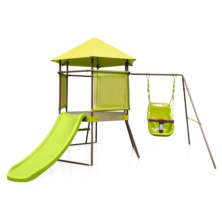 4-in-1 Swing Set with Covered Playhouse Fort and Height Adjustable Baby Seat - Gallery View 1 of 10