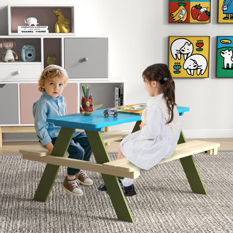 Kids Wooden Picnic Table Set Toddler Activity and Dining Table with Built-in Benches - Gallery View 1 of 10