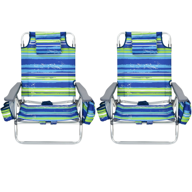 2-Pack Folding Backpack Beach Chair 5-Position Outdoor Reclining Chairs with Pillow-BlueCostway Gallery View 3 of 12