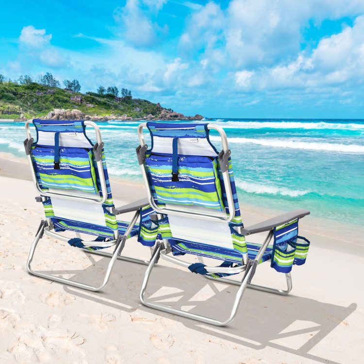 2-Pack Folding Backpack Beach Chair 5-Position Outdoor Reclining Chairs with Pillow-BlueCostway Gallery View 1 of 12