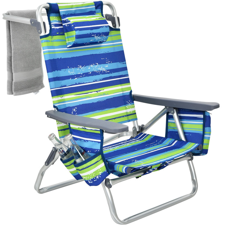 2-Pack Folding Backpack Beach Chair 5-Position Outdoor Reclining Chairs with Pillow-BlueCostway Gallery View 10 of 12