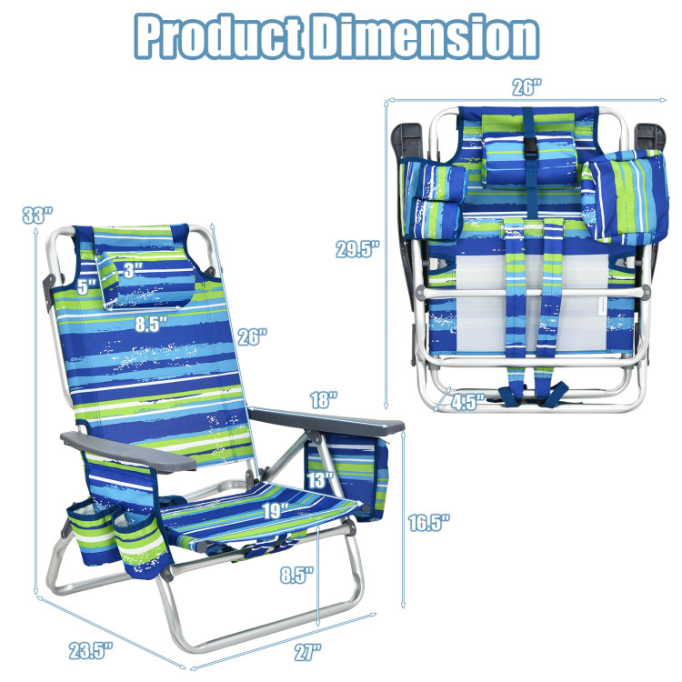 2-Pack Folding Backpack Beach Chair 5-Position Outdoor Reclining Chairs with Pillow-BlueCostway Gallery View 4 of 12