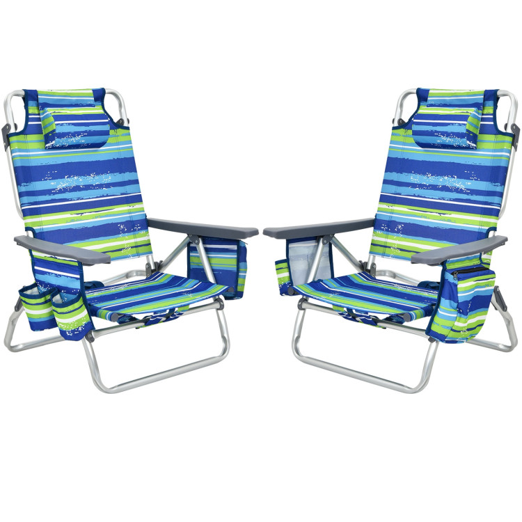 2-Pack Folding Backpack Beach Chair 5-Position Outdoor Reclining Chairs with Pillow-BlueCostway Gallery View 8 of 12