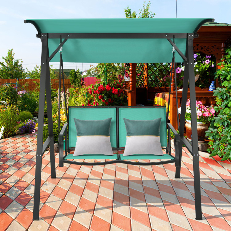 Outdoor Porch Steel Hanging 2-Seat Swing Loveseat with Canopy-TurquoiseCostway Gallery View 7 of 10